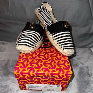Tory Burch Black and White Striped Espadrille Slip-Ons with Logo Button